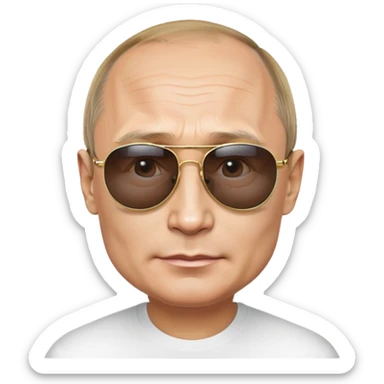 Vladimir Putin, emoji style, photorealistic, cool sunglasses, round face, lifelike skin and features, polished finish, clean background sticker