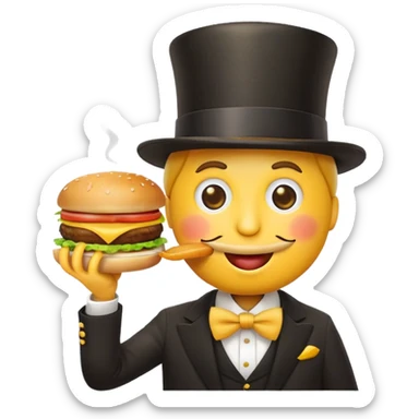 Emoji face wearing a top hat and a monocle while eating a hamburger sticker