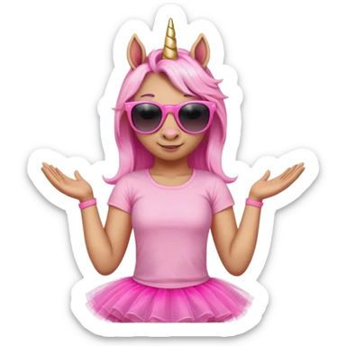 friendly anthropomorphised female unicorn with horse-like face, in tutu and pink t-shirt, wearing dark sunglasses, relaxed pose, close-crop head and shoulders sticker