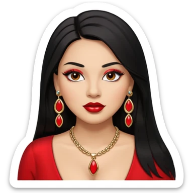 Light skin brown eyes glamorous full figured women black long straight hair red lips necklace and earrings long lashes sticker