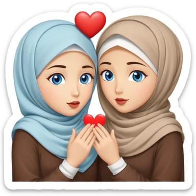 Two Turkish beautiful finish Konya friendly girls blue eyes with hijab and heart dress and Scattering kisses outside  sticker