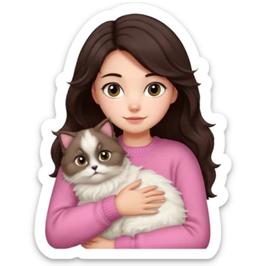 a girl with medium wavy dark brown hair, wearing a pink sweater, hugging a Himalayan cat sticker