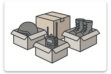 military equipment in boxes, minimalist style, simple shapes, boxes hinting at contents sticker