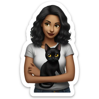 black cat hanging on beautiful black haired woman shirt sticker