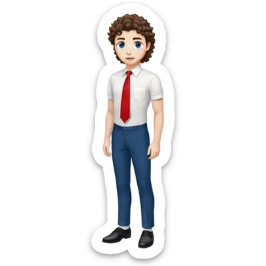 full body white skin curly mullet brown hair white shirt red tie black pants and shoes and greek and blue eyes sticker