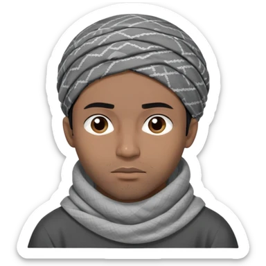 người đàn ông 30 tuổi, da đen, tóc ngắn màu đen, đội khăn kaffiyeh trùm đầu màu xám, biểu cảm buồn ngủ, áo đen, nửa thân treen sticker