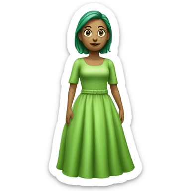 Crie uma ilustração 3D de um O personagem com vestido verde, cabelos curtos e liso, pele clara, olhos levemente
puxados. sticker