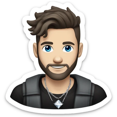 Younger white male that has grey blue eyes, dark brown hair with grey on the sides, a beard, and tattoos. He is wearing a diamond coated white gold necklace and a black punk band t-shirt while waving hello sticker