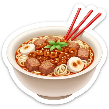 Fuzhou Lychee Pork Noodles with meat sauce and noodles, simplified emoji style with bold outlines and bright colors, cartoon style Fujian specialty Ban Mian sticker