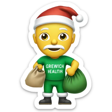 Santa carrying his sack wearing a green t-shirt with the words ‘Greenwich Health’ written in white letters  sticker