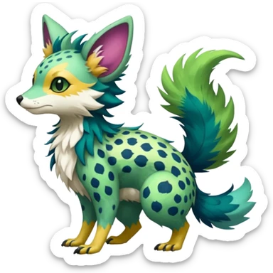 Feral Rare Fantasy colorful vibrant Vernid-Trico-species-Fakemon-creature by LiLaiRa, random markings, tufted tail, tufted ears, full body sticker