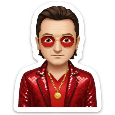 Bono with gold sequin jacket, red shirt with necklace, dark brown medium hair sticker
