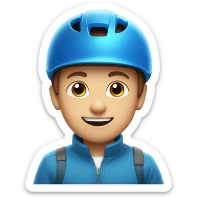 boy with blue eyes buck teeth and brown hair under his blue bicycle helmet and a pencil sticker