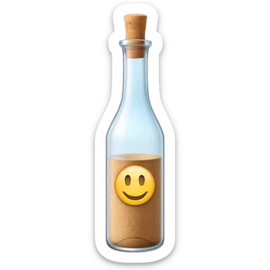 elegant tall glass bottle with long neck, simple cork or screw cap, frosted glass, transparent colorless liquid, no label or fruit, just the bottle, apple emoji style, soft lighting, transparent background, emoji scale sticker