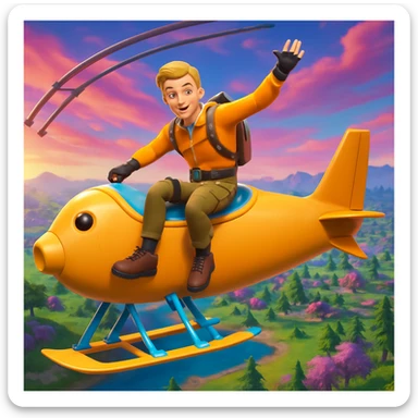 Add a Fortnite glider drop background behind John Pork, including a colorful sky and terrain typical of Fortnite's vibrant and playful style. sticker