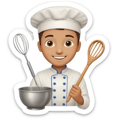 Male Young Pastry Chef – smiling, holding whisk and mixing bowl. sticker