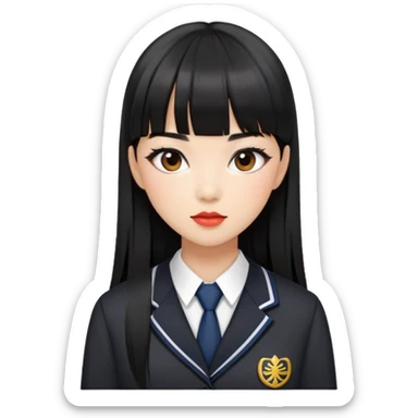 chic woman with Asian skin, black long straight bangs, wearing a school uniform, and makeup sticker