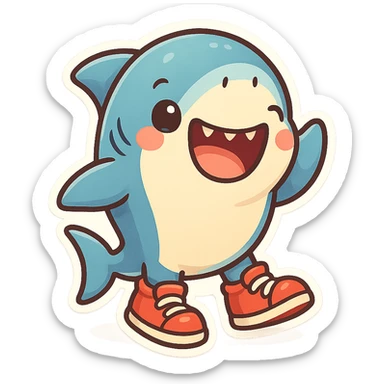 a fun and cute shark wearing shoes, colorful chibi sticker style, cheerful expression sticker