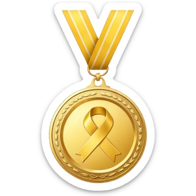 A golden medal with a glossy finish, featuring a central gold awareness ribbon symbol sticker