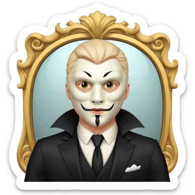 Spooky killer on mask on fancy mirror behind man sticker