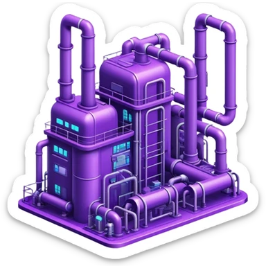 AI-powered factory. It should be a building with pipes. Add violet neon glowing symbolizing power of AI sticker