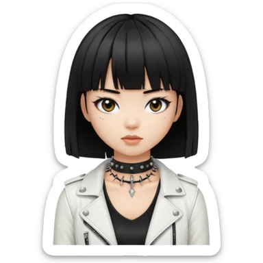 A asian girl with Black eyes and black straight hair with a bob and bangs with a black spiked chocker with white tank top with a leather jacket on sticker