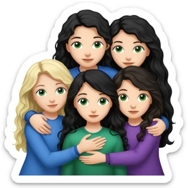 Компанія дівчат троє одна дівчина з чорним волоссям хвилястим довгим карими очима, друга з блондинистим довгим волоссям блакитними очима, третя з темним каштановим волоссям і зеленими очима, вони усі обіймаються sticker