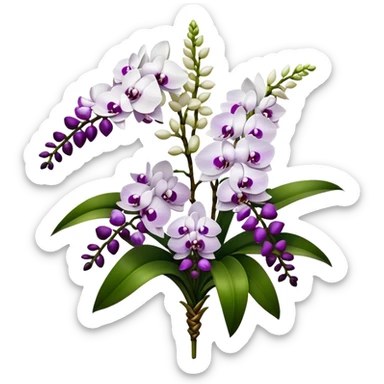 big bouquet white purple Rhynchostylis Orchid, stem, leaf, luxuriant sticker