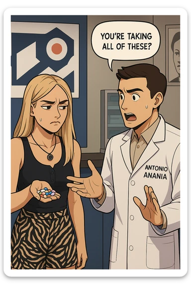 fai un webtoon/manga a colori con questo kinesiologo in camice bianco (fagli la scritta "ANTONIO ANANIA" SUL CAMICE) CHE PARLA CON QUESTA RAGAZZA. LA RAGAZZA HA UN PUGNO DI INTEGRATORI IN MANO (TANTE PILLOLE DIVERSE) E LE GUARDA DUBBIOSA. IL KINESIOLOGO CON IL CAMICE BIANCO LE DOMANDA UNA COSA SCIOCCATO. NON FARE I FUMETTI, FAI SOLO LORO COME SE DIALOGASSERO sticker