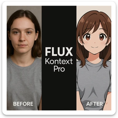 create before after image of a girl before is realsitic photo, after is anime version of her in same pose and clothes, add logo with text of a "FLUX Kontext Pro" in middle in big, black background sticker