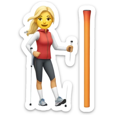 women Nordic Walking with left pole on ground  behind her body and right hand pole beside her body  sticker
