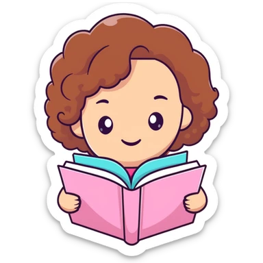 girly character with brown soft curly hair reading a pink book sticker