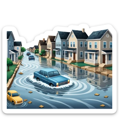 showing a flood disaster scene with strong water waves overflowing streets, partially submerged houses and cars, dark cloudy sky sticker