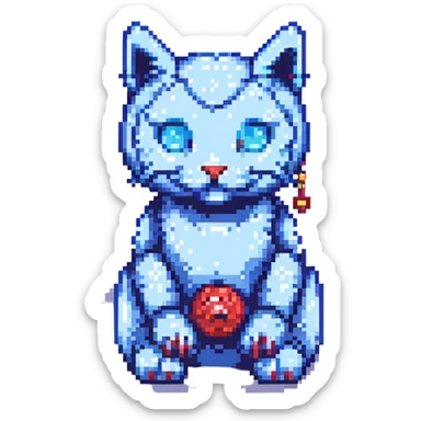 Doraemon character, blue robotic cat with a red nose and bell, pixel art style sticker
