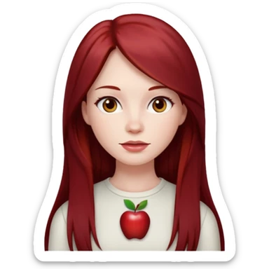 woman, pale skin, long straight dark red hair with layers, brown eyes, white top, apple emoji style sticker