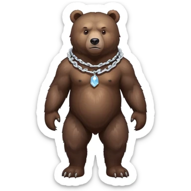 Very realistic dark brown bear standing on all four legs with intimidating gaze, wearing only a plain ice chain around its neck sticker