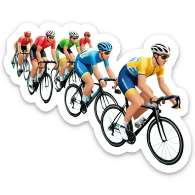 A dynamic icon of a professional cycling race. Cyclists in colorful jerseys speed along a winding road, their bikes leaning into the turn. The background showcases rolling green hills, a bright blue sky, and cheering crowds along the roadside. The scene radiates energy and motion.  sticker