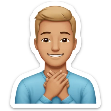 person holding hands on neck crossed with him smiling out and eyes closed  sticker