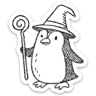 whimsical penguin wizard holding a staff, wearing a wizard hat, hand drawn outlined icon sticker