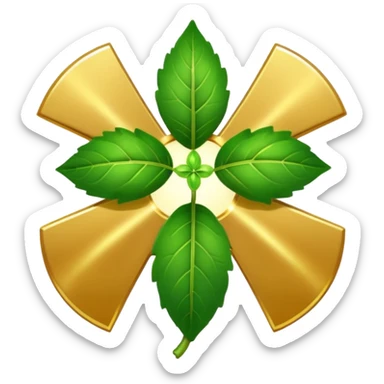 "A clean, friendly emoji of three vibrant green Tulsi (Holy Basil) leaves centered over a small, glowing golden cross or 'plus' sign, symbolizing healing. Simple, flat, 32x32 pixel icon style. Transparent background. Icon for natural healing and wellness." sticker