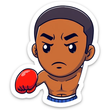 Close-up face of a young 19-year-old Black male boxer, intense gaze, boxing gloves slightly visible sticker