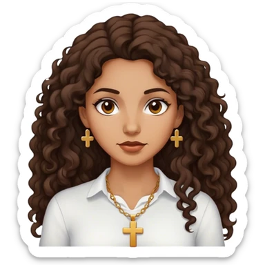 Brown tan woman with dark curly long hair white shirt with cross necklace sticker