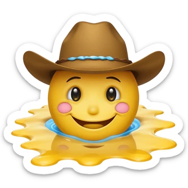 A yellow smiley face melting into a puddle. 

The eyes and mouth slip down the face, yet still maintain a distorted smile. The face is wearing a cowboy hat. sticker