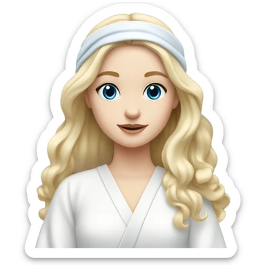  girl with pale skin and blue eyes and long blonde wavy hair doing skincare with white headband and white robe on sticker