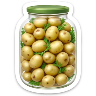 A round jar of small pickled potatoes with sprigs of dill floating inside.









 sticker