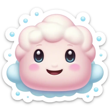 Cinematic fluffy pastel marshmallow character, soft round edges, tiny sparkly eyes, a small happy smile, glowing warmly, floating in a dreamy soft sky. sticker