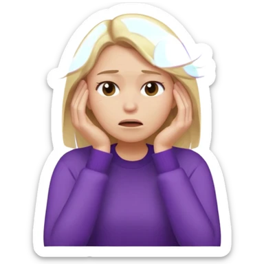 Emoji-style illustration of a frustrated young woman, smooth, shiny, perfectly styled blonde hair, wearing a purple sweater, holding her face in her hands, expressing annoyance and disappointment, cartoonish, expressive, simple lines, flat colors, clear silhouette sticker