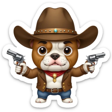 A bulldog wearing a cowboy hat pointing a revolver at you and telling you to hand over your money. sticker