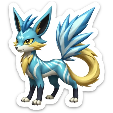 Feral Scaly Striking Slaying Badass Evil Handsome Lightning-patterned Zig-zagged buzzy fuzzy Meloetta-Renamon-Zeraora-Luxray-Cobalion-Suicune-Vernid-fusion-hybrid-creature, full body  sticker