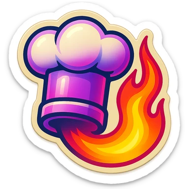 chef's hat with a trail of fire emoji, playful, synthwave colors, vibrant, matching style reference file
 sticker